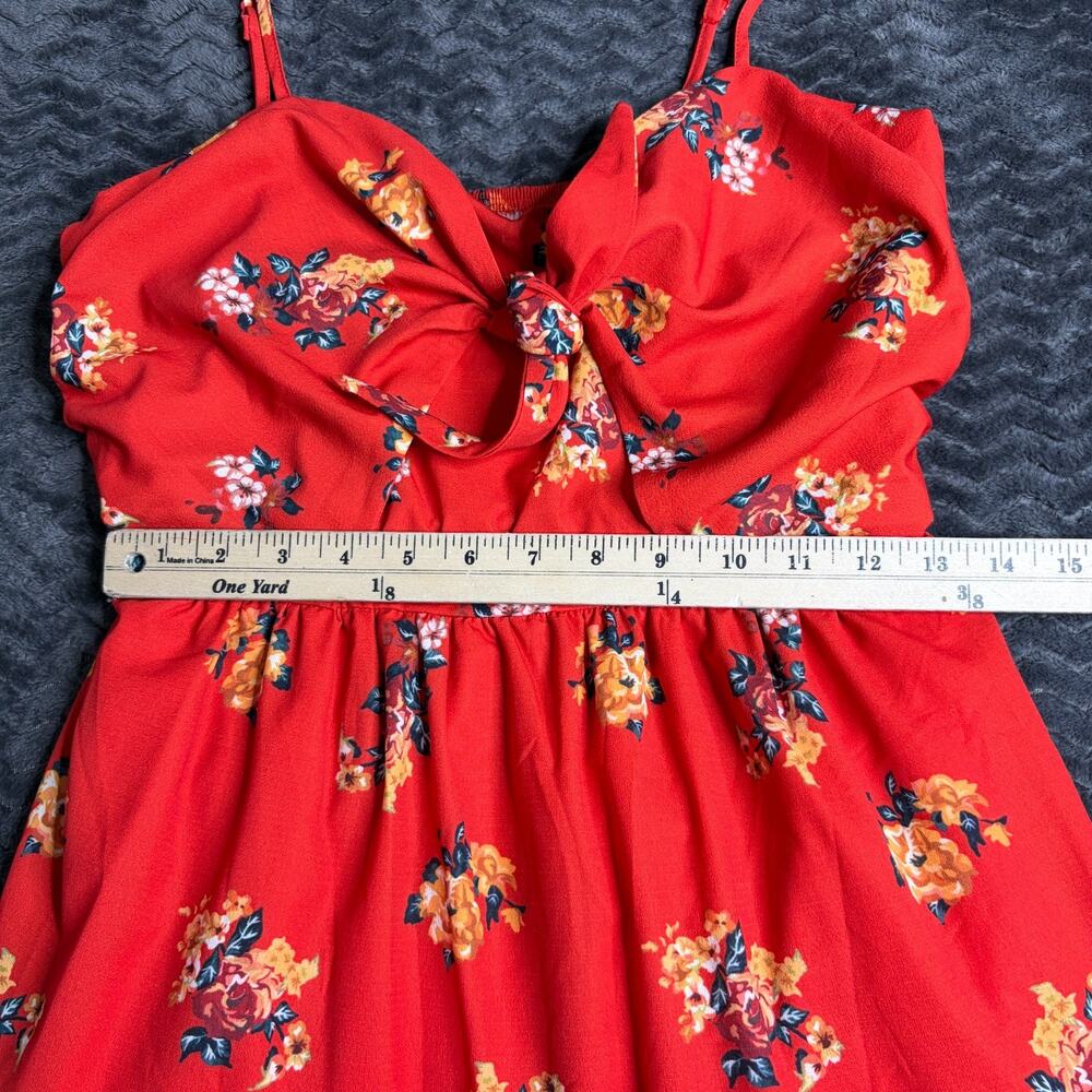 Red Floral Tie Front Sundress size L Boho Tiered Mini Spaghetti Strap Summer - Picture 2 of 5